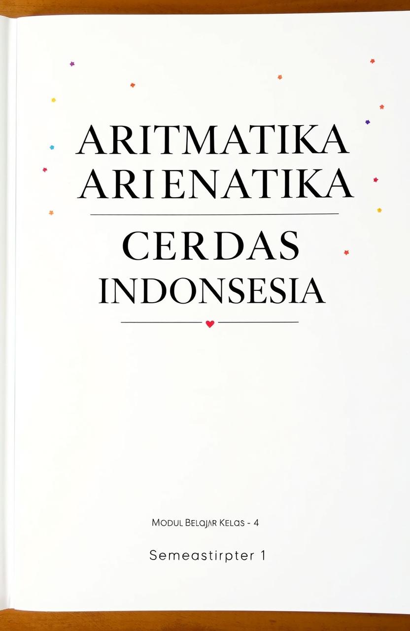 A sleek and elegant design for a cover titled 'ARITMATIKA CERDAS INDONESIA', predominantly white in color with small, cheerful colorful elements to create a sense of joy and positivity