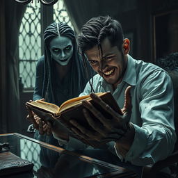 In a dimly lit mansion's bedroom, a striking scene unfolds