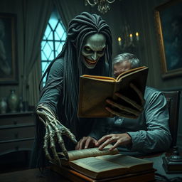 In a dimly lit mansion's bedroom, a striking scene unfolds