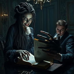 In a dimly lit mansion's bedroom, a striking scene unfolds