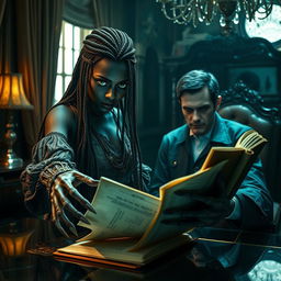 In a dimly lit mansion's bedroom, a striking scene unfolds