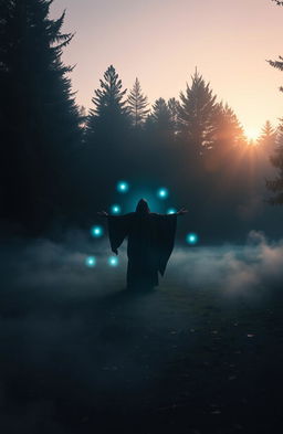 A serene and mysterious scene that embodies themes of darkness and healing, featuring a tranquil forest at dusk, where the last rays of sunlight filter through the dense trees, casting enchanting shadows