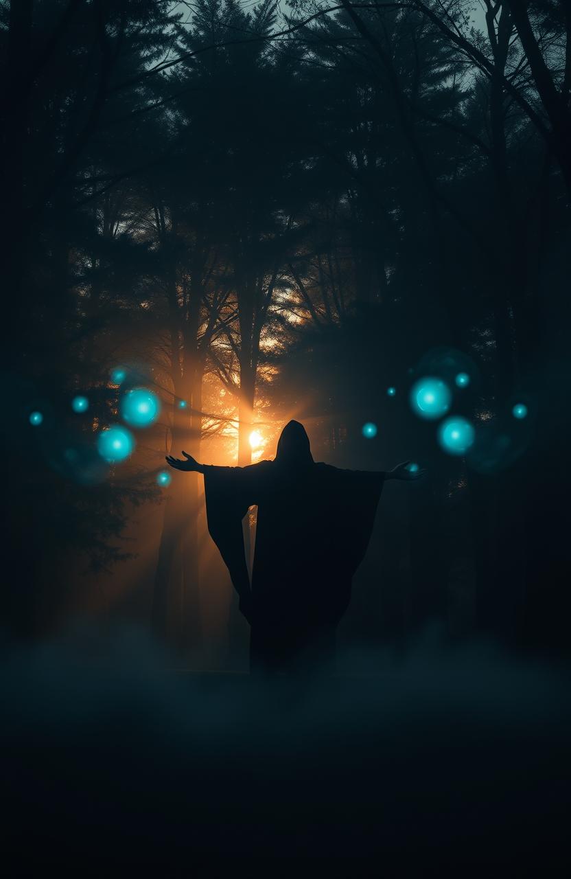 A serene and mysterious scene that embodies themes of darkness and healing, featuring a tranquil forest at dusk, where the last rays of sunlight filter through the dense trees, casting enchanting shadows