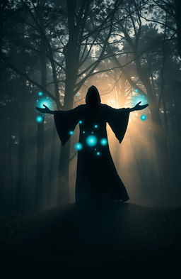 A serene and mysterious scene that embodies themes of darkness and healing, featuring a tranquil forest at dusk, where the last rays of sunlight filter through the dense trees, casting enchanting shadows
