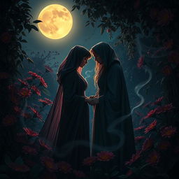 An intimate and enchanting scene of dark and healing romance, set in an ancient, overgrown garden illuminated by the soft glow of moonlight