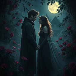 An intimate and enchanting scene of dark and healing romance, set in an ancient, overgrown garden illuminated by the soft glow of moonlight