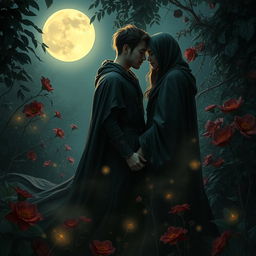 An intimate and enchanting scene of dark and healing romance, set in an ancient, overgrown garden illuminated by the soft glow of moonlight