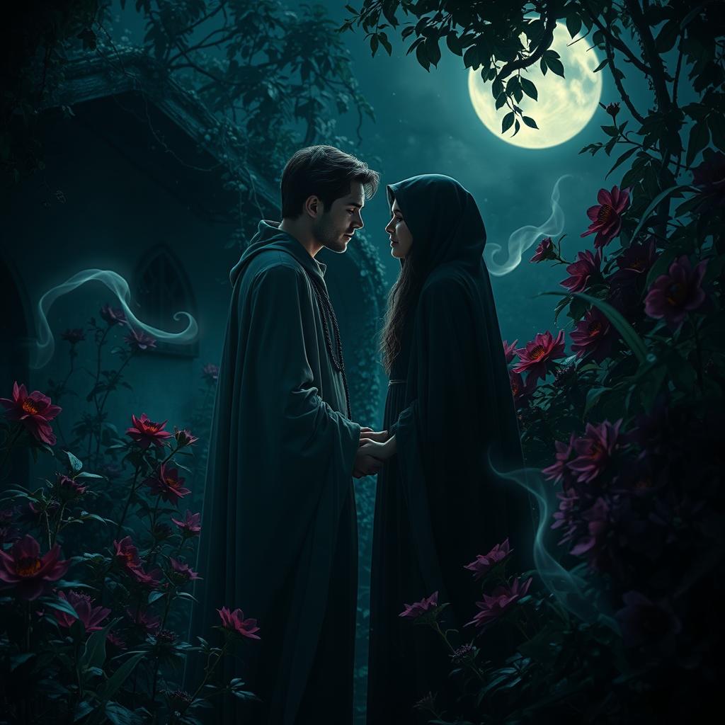 An intimate and enchanting scene of dark and healing romance, set in an ancient, overgrown garden illuminated by the soft glow of moonlight