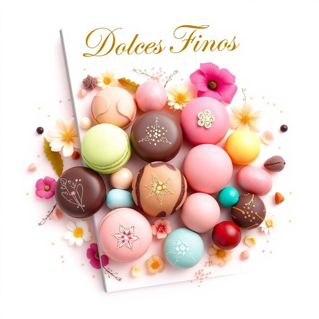 A beautifully designed eBook cover featuring an array of exquisite gourmet sweets such as delicate macarons, elegant truffles, and colorful bonbons