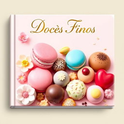 A beautifully designed eBook cover featuring an array of exquisite gourmet sweets such as delicate macarons, elegant truffles, and colorful bonbons