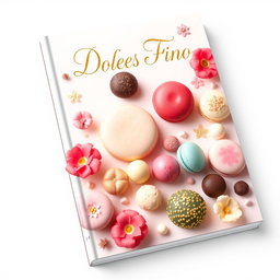 A beautifully designed eBook cover featuring an array of exquisite gourmet sweets such as delicate macarons, elegant truffles, and colorful bonbons