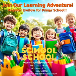 A vibrant and inviting poster for primary school registration, featuring cheerful children of diverse backgrounds holding backpacks, surrounded by colorful school supplies like pencils, books, and crayons