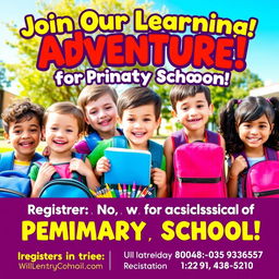 A vibrant and inviting poster for primary school registration, featuring cheerful children of diverse backgrounds holding backpacks, surrounded by colorful school supplies like pencils, books, and crayons