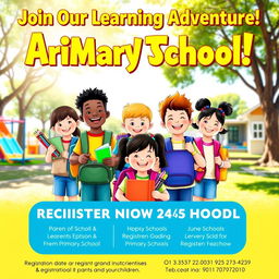 A vibrant and inviting poster for primary school registration, featuring cheerful children of diverse backgrounds holding backpacks, surrounded by colorful school supplies like pencils, books, and crayons
