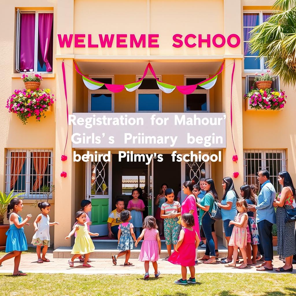 A welcoming and vibrant scene of a girls' primary school entrance, decorated with colorful banners and flowers