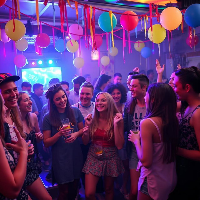 A vibrant and energetic scene of a freshers party, featuring a diverse group of young adults celebrating together