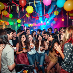 A vibrant and energetic scene of a freshers party, featuring a diverse group of young adults celebrating together