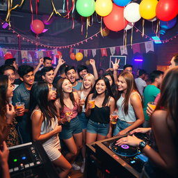 A vibrant and energetic scene of a freshers party, featuring a diverse group of young adults celebrating together