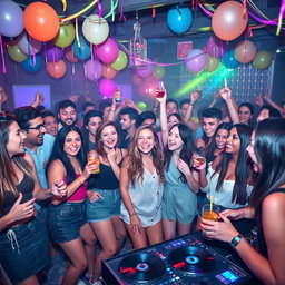 A vibrant and energetic scene of a freshers party, featuring a diverse group of young adults celebrating together