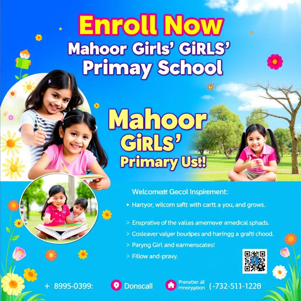 A vibrant and inviting poster for Mahoor Girls' Primary School enrollment advertisement