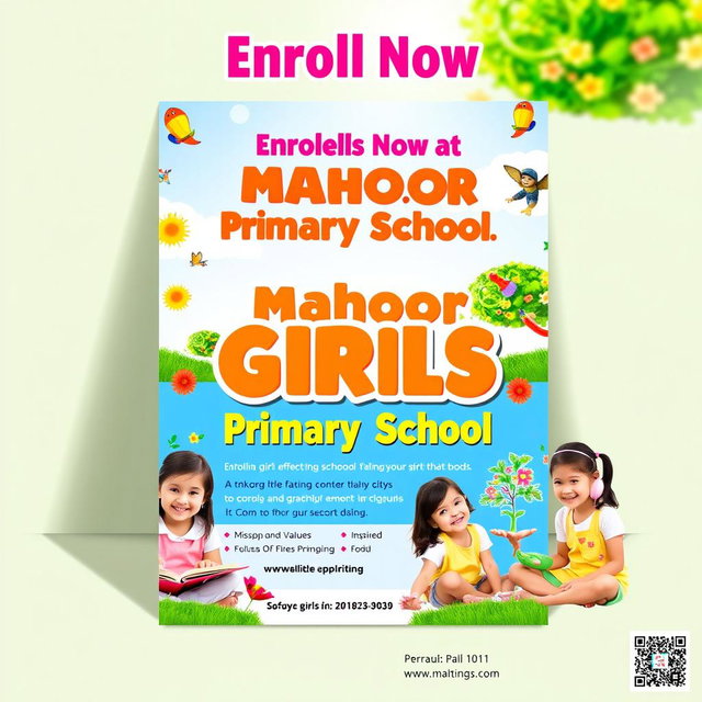 A vibrant and inviting poster for Mahoor Girls' Primary School enrollment advertisement