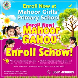 A vibrant and inviting poster for Mahoor Girls' Primary School enrollment advertisement
