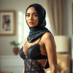 A beautiful woman wearing a stylish hijab, elegantly styled with intricate patterns, showcasing a black lingerie set that blends modesty with allure