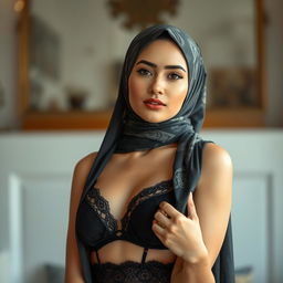 A beautiful woman wearing a stylish hijab, elegantly styled with intricate patterns, showcasing a black lingerie set that blends modesty with allure