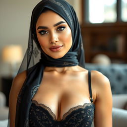 A beautiful woman wearing a stylish hijab, elegantly styled with intricate patterns, showcasing a black lingerie set that blends modesty with allure