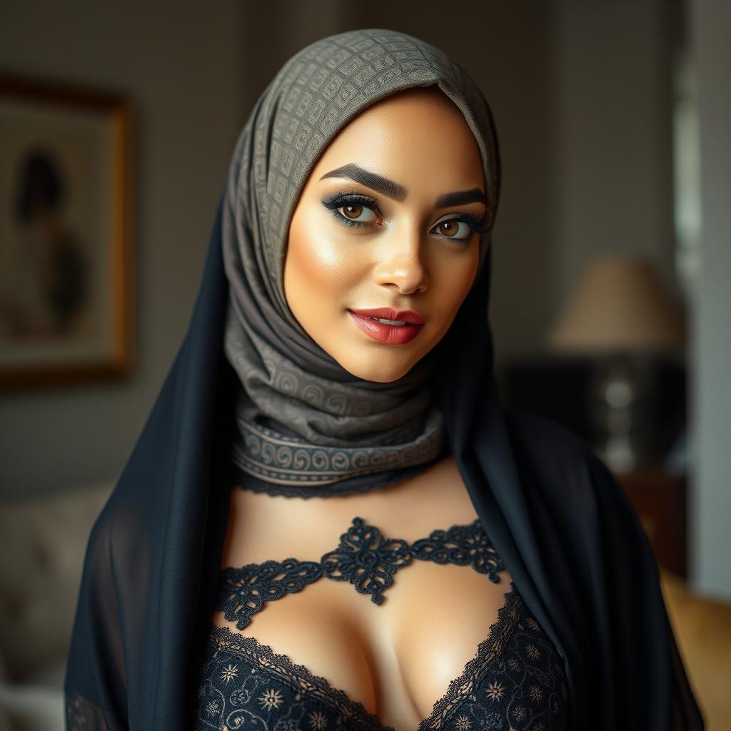 A beautiful woman wearing a stylish hijab, elegantly styled with intricate patterns, showcasing a black lingerie set that blends modesty with allure