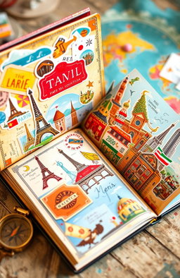 A beautifully illustrated traveling book, featuring vibrant and colorful travel destinations around the world, each page depicting a unique location such as Paris, Tokyo, and New York