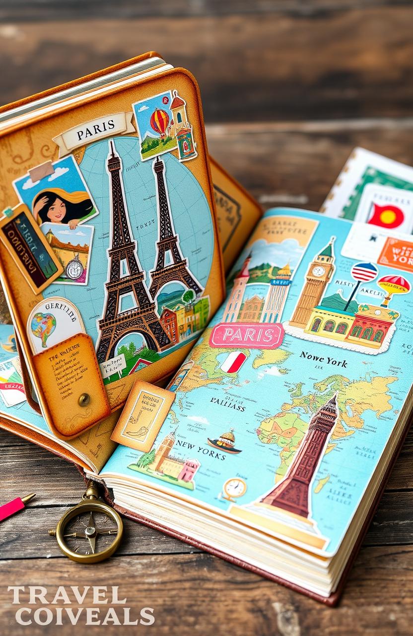 A beautifully illustrated traveling book, featuring vibrant and colorful travel destinations around the world, each page depicting a unique location such as Paris, Tokyo, and New York