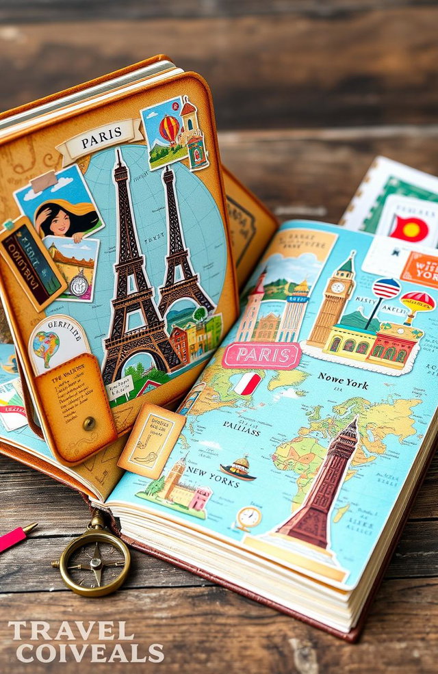 A beautifully illustrated traveling book, featuring vibrant and colorful travel destinations around the world, each page depicting a unique location such as Paris, Tokyo, and New York