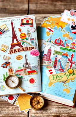 A beautifully illustrated traveling book, featuring vibrant and colorful travel destinations around the world, each page depicting a unique location such as Paris, Tokyo, and New York