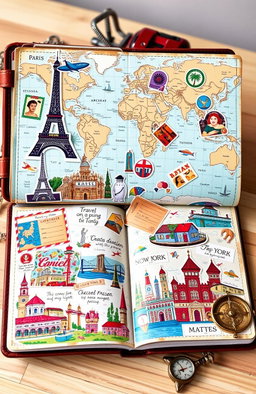 A beautifully illustrated traveling book, featuring vibrant and colorful travel destinations around the world, each page depicting a unique location such as Paris, Tokyo, and New York