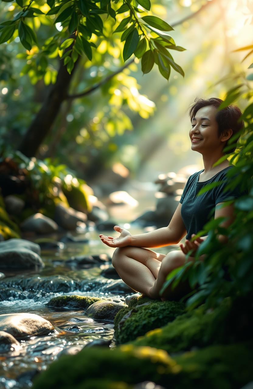 "Vivir con propósito: El arte de vivir consciente" by Arif Gabriel Molina, featuring a serene and contemplative scene, a person engaged in mindfulness meditation in a tranquil natural environment, surrounded by lush greenery and soft sunlight filtering through leaves