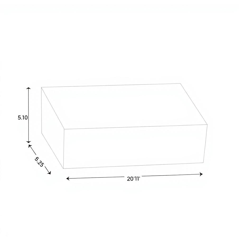 A schematic illustration of a rectangular box with precise dimensions, featuring clear labels for each measurement and dimension on a white background