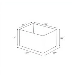 A schematic illustration of a rectangular box with precise dimensions, featuring clear labels for each measurement and dimension on a white background