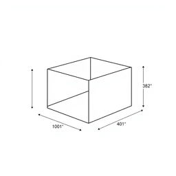A schematic illustration of a rectangular box with precise dimensions, featuring clear labels for each measurement and dimension on a white background