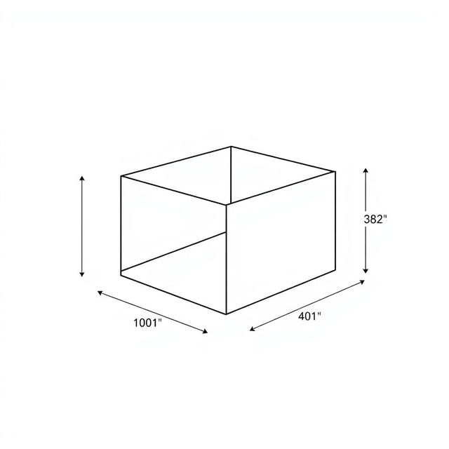 A schematic illustration of a rectangular box with precise dimensions, featuring clear labels for each measurement and dimension on a white background