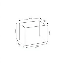 A schematic illustration of a rectangular box with precise dimensions, featuring clear labels for each measurement and dimension on a white background