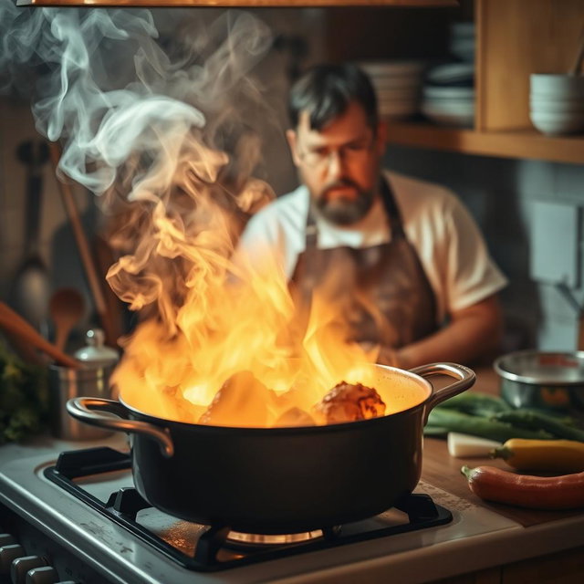A kitchen scene featuring a burnt chicken in a pot on a stove, smoke billowing around the kitchen
