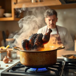 A kitchen scene featuring a burnt chicken in a pot on a stove, smoke billowing around the kitchen