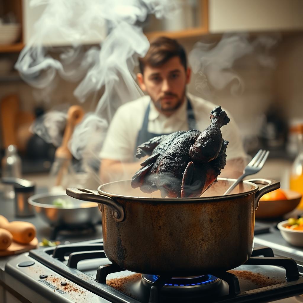 A kitchen scene featuring a burnt chicken in a pot on a stove, smoke billowing around the kitchen