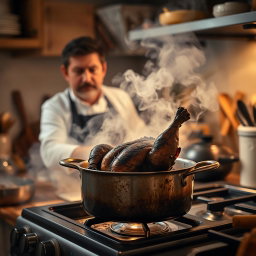 A kitchen scene featuring a burnt chicken in a pot on a stove, smoke billowing around the kitchen