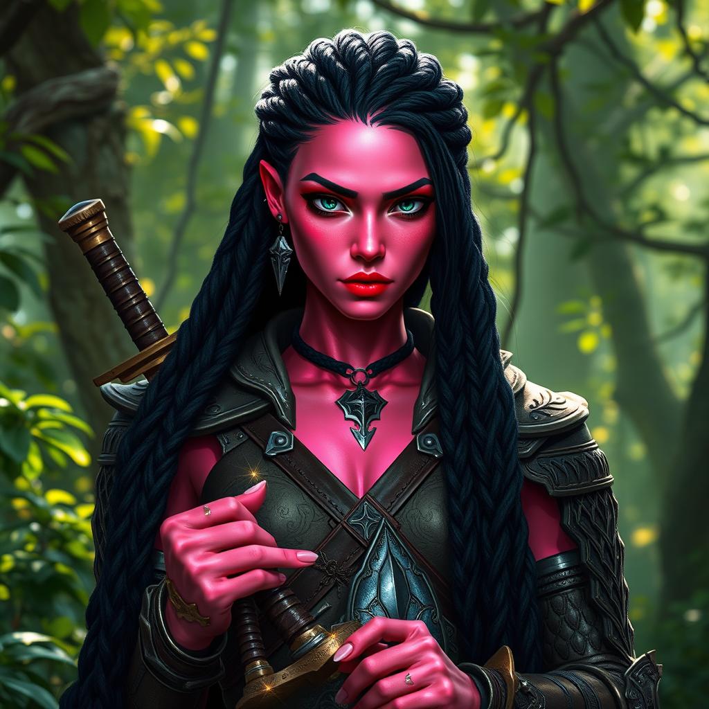 A female warrior with striking pink skin, intense black eyes, and intricate long black braids cascading down her back