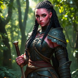 A female warrior with striking pink skin, intense black eyes, and intricate long black braids cascading down her back