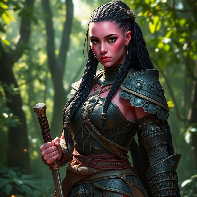 A female warrior with striking pink skin, intense black eyes, and intricate long black braids cascading down her back