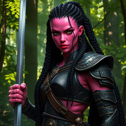 A female warrior with striking pink skin, intense black eyes, and intricate long black braids cascading down her back