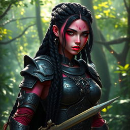 A female warrior with striking pink skin, intense black eyes, and intricate long black braids cascading down her back